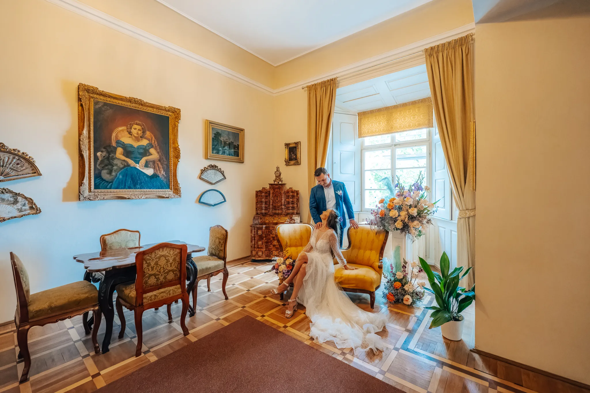 Wedding preparations in a castle interior